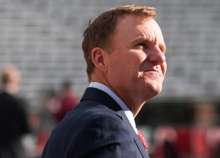 Arkansas head coach Chad Morris walks the field before the Alabama vs. Arkansas game in Tuscaloosa, Ala.